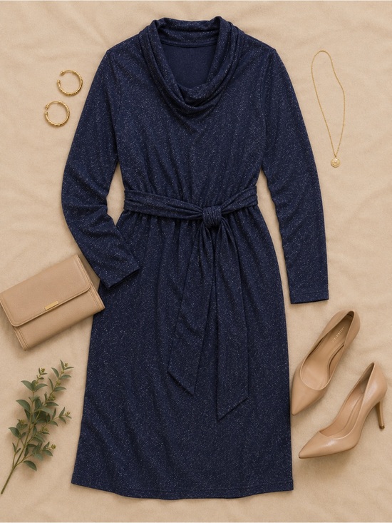 Market & Spruce Dresses & Skirts - Market & Spruce Navy Shimmer Midi Dress | Long Sleeve Tie Waist Dress | Elegant
